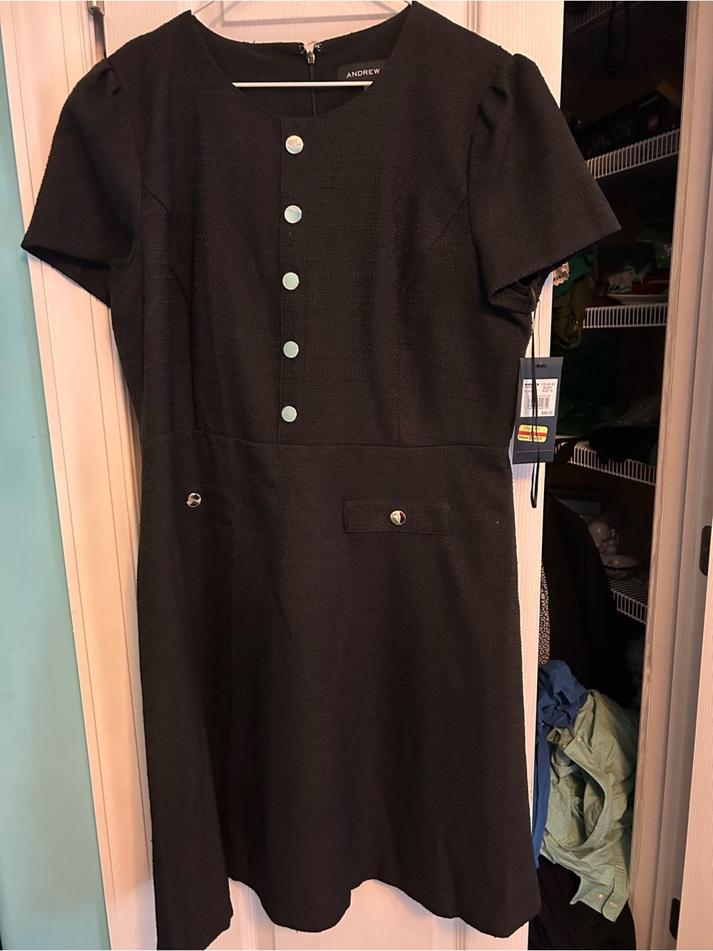 Andrew Marc Black Short-Sleeve A-Line Dress with Accent Buttons